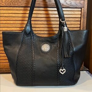 EUC Brighton black pebble leather with woven leather inserts tote, shoulder bag